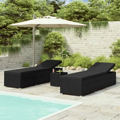 VidaXL Chaises longues de jardin table à thé 3 pcs Résine tressée Noir 4 VidaXL Chaises longues de jardin table à thé 3 pcs Résine tressée Noir – Image 2