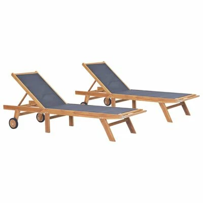 VidaXL Chaises longues pliables avec roulettes 2 pcs Teck et textilène 3 VidaXL Chaises longues pliables avec roulettes 2 pcs Teck et textilène