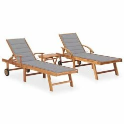 VidaXL Chaises longues 2 pcs avec table et coussin Bois de teck solide