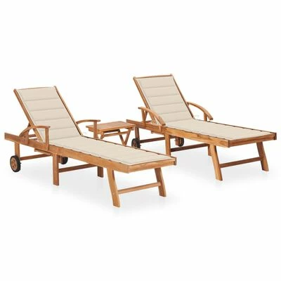 VidaXL Chaises longues 2 pcs avec table et coussin Bois de teck solide 3 VidaXL Chaises longues 2 pcs avec table et coussin Bois de teck solide