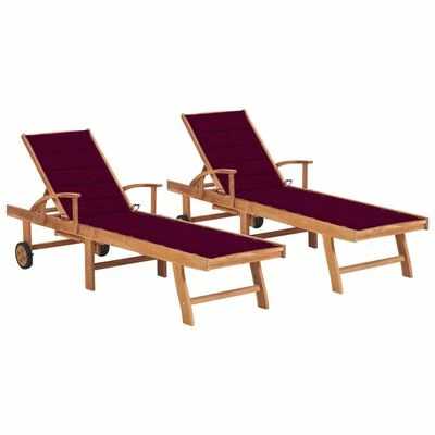 VidaXL Chaises longues 2 pcs avec coussin rouge bordeaux Teck solide 3 VidaXL Chaises longues 2 pcs avec coussin rouge bordeaux Teck solide