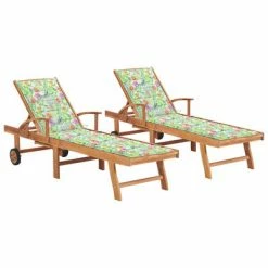 VidaXL Chaises longues 2pcs avec coussin motif de feuilles Teck solide