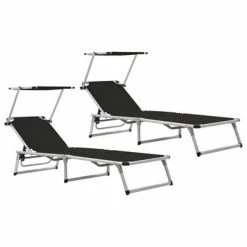 VidaXL Chaises longues pliables et toit 2 pcs Aluminium textilène Noir