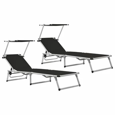 VidaXL Chaises longues pliables et toit 2 pcs Aluminium textilène Noir 3 VidaXL Chaises longues pliables et toit 2 pcs Aluminium textilène Noir