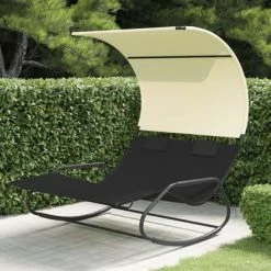 VidaXL Chaise longue double à bascule avec auvent Noir et crème -Bains de soleil Soldes image 1 317587