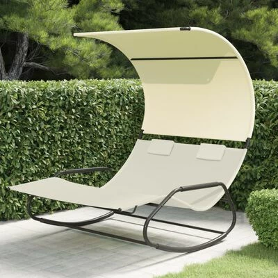 VidaXL Chaise longue double à bascule avec auvent Crème 4 VidaXL Chaise longue double à bascule avec auvent Crème – Image 2