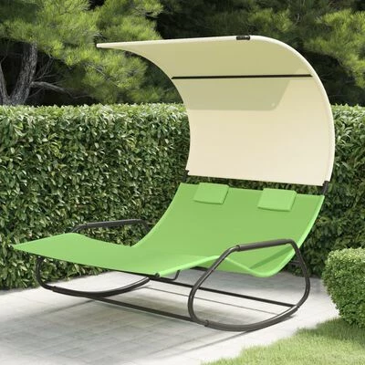 VidaXL Chaise longue double à bascule avec auvent Vert et crème 4 VidaXL Chaise longue double à bascule avec auvent Vert et crème – Image 2