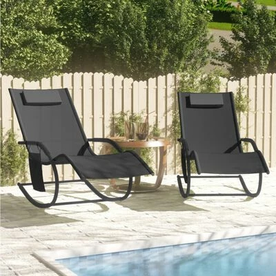 VidaXL Chaises longues à bascule 2 pcs Noir Acier et textilène 4 VidaXL Chaises longues à bascule 2 pcs Noir Acier et textilène – Image 2