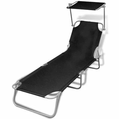 VidaXL Chaise longue pliable avec auvent Acier et tissu Noir 3 VidaXL Chaise longue pliable avec auvent Acier et tissu Noir