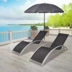VidaXL Chaises longues et parasol Aluminium Noir -Bains de soleil Soldes image 1 42161