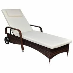 VidaXL Chaise longue avec coussin et roues Résine tressée Marron