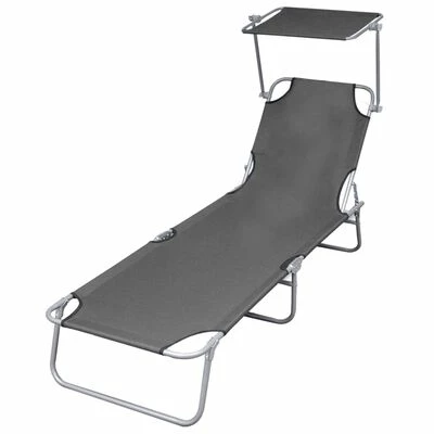 VidaXL Chaise longue pliable avec auvent Acier Gris 3 VidaXL Chaise longue pliable avec auvent Acier Gris