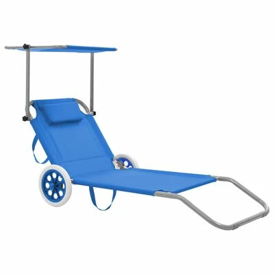 VidaXL Chaise longue pliable avec auvent et roues Acier Bleu 3 VidaXL Chaise longue pliable avec auvent et roues Acier Bleu