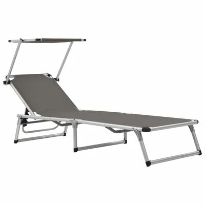 VidaXL Chaise longue pliable avec auvent Aluminium et textilène Gris 3 VidaXL Chaise longue pliable avec auvent Aluminium et textilène Gris