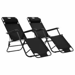 Bains de soleil Soldes 11 VidaXL Chaises longues pliables 2 pcs avec repose-pied Acier Noir