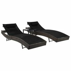 VidaXL Chaise longue 2 pcs et table Résine tressée et textilène Marron