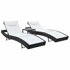 VidaXL Chaises longues 2 pcs et table Résine tressée et textilène Noir