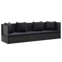 VidaXL Lit de jardin avec coussin et oreiller Résine tressée Noir