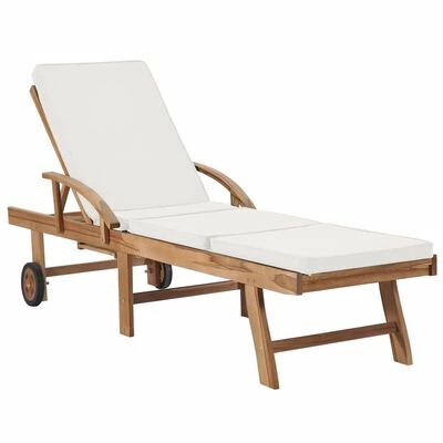 VidaXL Chaise longue avec coussin Bois de teck solide Crème 3 VidaXL Chaise longue avec coussin Bois de teck solide Crème