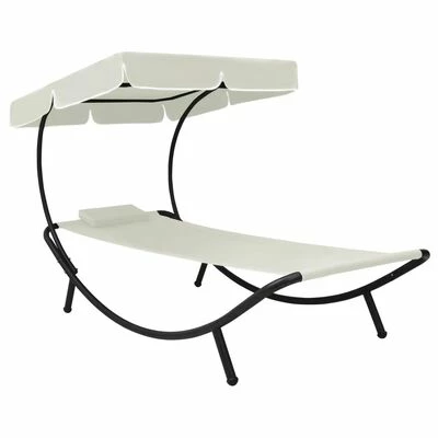 VidaXL Chaise longue de jardin avec auvent et oreiller Blanc crème 3 VidaXL Chaise longue de jardin avec auvent et oreiller Blanc crème