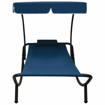 VidaXL Lit de repos d'extérieur avec auvent et oreiller Bleu 4 VidaXL Lit de repos d'extérieur avec auvent et oreiller Bleu – Image 2