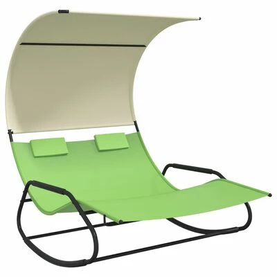 VidaXL Chaise longue double à bascule avec auvent Vert et crème 3 VidaXL Chaise longue double à bascule avec auvent Vert et crème