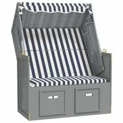 VidaXL Strandkorb avec auvent Résine tressée et bois solide Bleu blanc
