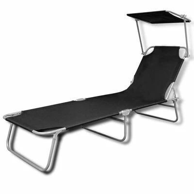VidaXL Chaise longue pliable avec auvent Acier et tissu Noir 4 VidaXL Chaise longue pliable avec auvent Acier et tissu Noir – Image 2