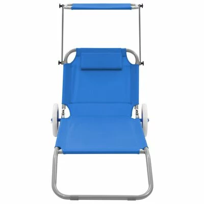 VidaXL Chaise longue pliable avec auvent et roues Acier Bleu 4 VidaXL Chaise longue pliable avec auvent et roues Acier Bleu – Image 2