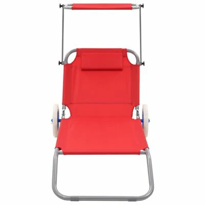 VidaXL Chaise longue pliable avec auvent et roues Acier Rouge 4 VidaXL Chaise longue pliable avec auvent et roues Acier Rouge – Image 2