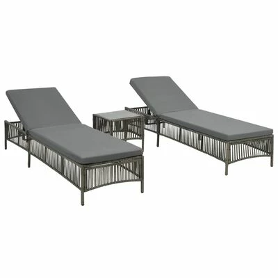 VidaXL Chaises longues 2 pcs avec table Résine tressée Gris 4 VidaXL Chaises longues 2 pcs avec table Résine tressée Gris – Image 2