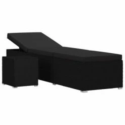 Bains de soleil Soldes 25 VidaXL Chaise longue avec coussin et table à thé Résine tressée Noir