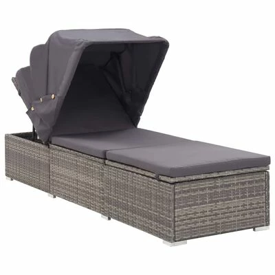 VidaXL Chaise longue avec auvent et coussin Résine tressée Gris 4 VidaXL Chaise longue avec auvent et coussin Résine tressée Gris – Image 2