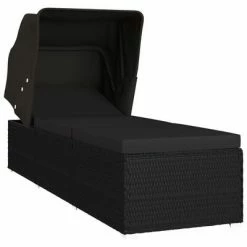 VidaXL Chaise longue avec auvent et coussin Résine tressée Noir
