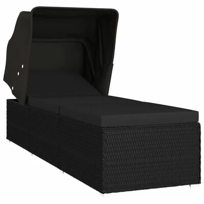 VidaXL Chaise longue avec auvent et coussin Résine tressée Noir 3 VidaXL Chaise longue avec auvent et coussin Résine tressée Noir