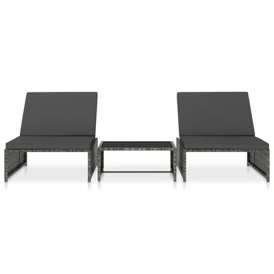 VidaXL Chaises longues 2 pcs avec table Résine tressée Gris 4 VidaXL Chaises longues 2 pcs avec table Résine tressée Gris – Image 2