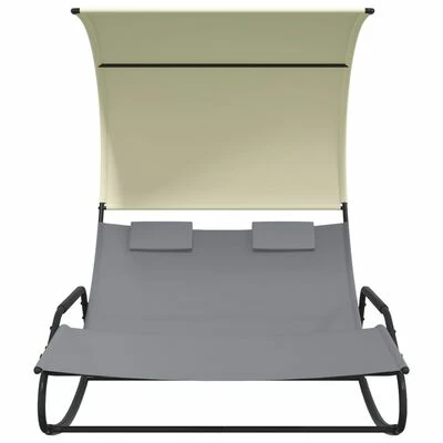 VidaXL Chaise longue double à bascule avec auvent Gris et crème 5 VidaXL Chaise longue double à bascule avec auvent Gris et crème – Image 3