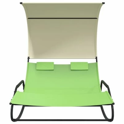 VidaXL Chaise longue double à bascule avec auvent Vert et crème 5 VidaXL Chaise longue double à bascule avec auvent Vert et crème – Image 3