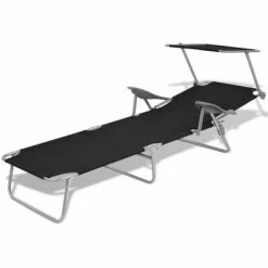 VidaXL Chaise longue avec auvent Acier Noir -Bains de soleil Soldes image 3 42932