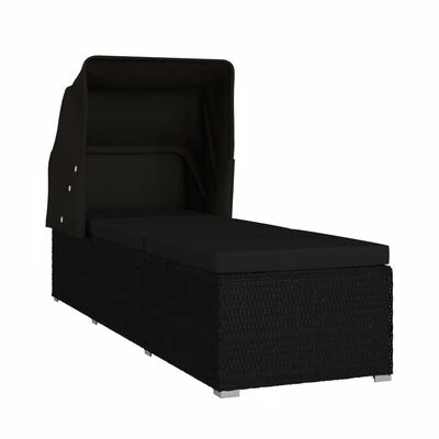 VidaXL Chaise longue avec auvent et coussin Résine tressée Noir 5 VidaXL Chaise longue avec auvent et coussin Résine tressée Noir – Image 3