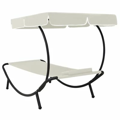 VidaXL Chaise longue de jardin avec auvent et oreiller Blanc crème 6 VidaXL Chaise longue de jardin avec auvent et oreiller Blanc crème – Image 4