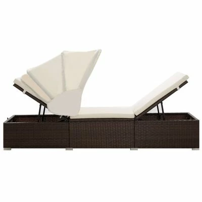 VidaXL Chaise longue avec auvent et coussin Résine tressée Marron 7 VidaXL Chaise longue avec auvent et coussin Résine tressée Marron – Image 5