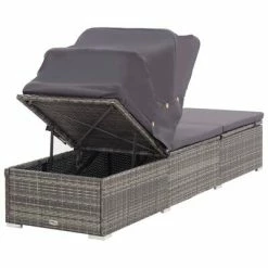 VidaXL Chaise longue avec auvent et coussin Résine tressée Gris 12 VidaXL Chaise longue avec auvent et coussin Résine tressée Gris -Bains de soleil Soldes image 5 46248